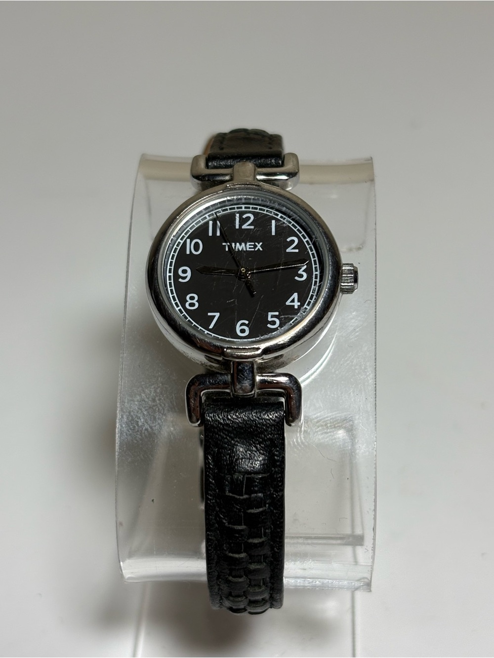 Timex Black Dial Silver Case Women's Watch with Black Leather Strap